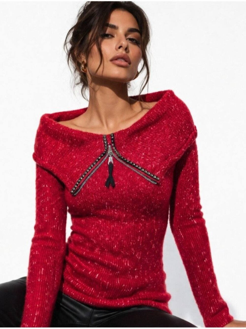 Zone Bleue Paris Vintage Silk Knit Red Off Shoulder Asymmetrical Zip Sweater XS